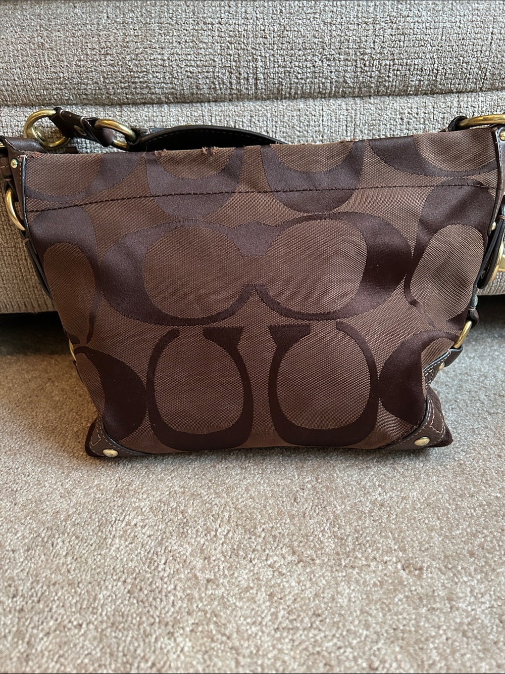 Coach Brown Signature Canvas Shoulder Bag with Gold Hardware
